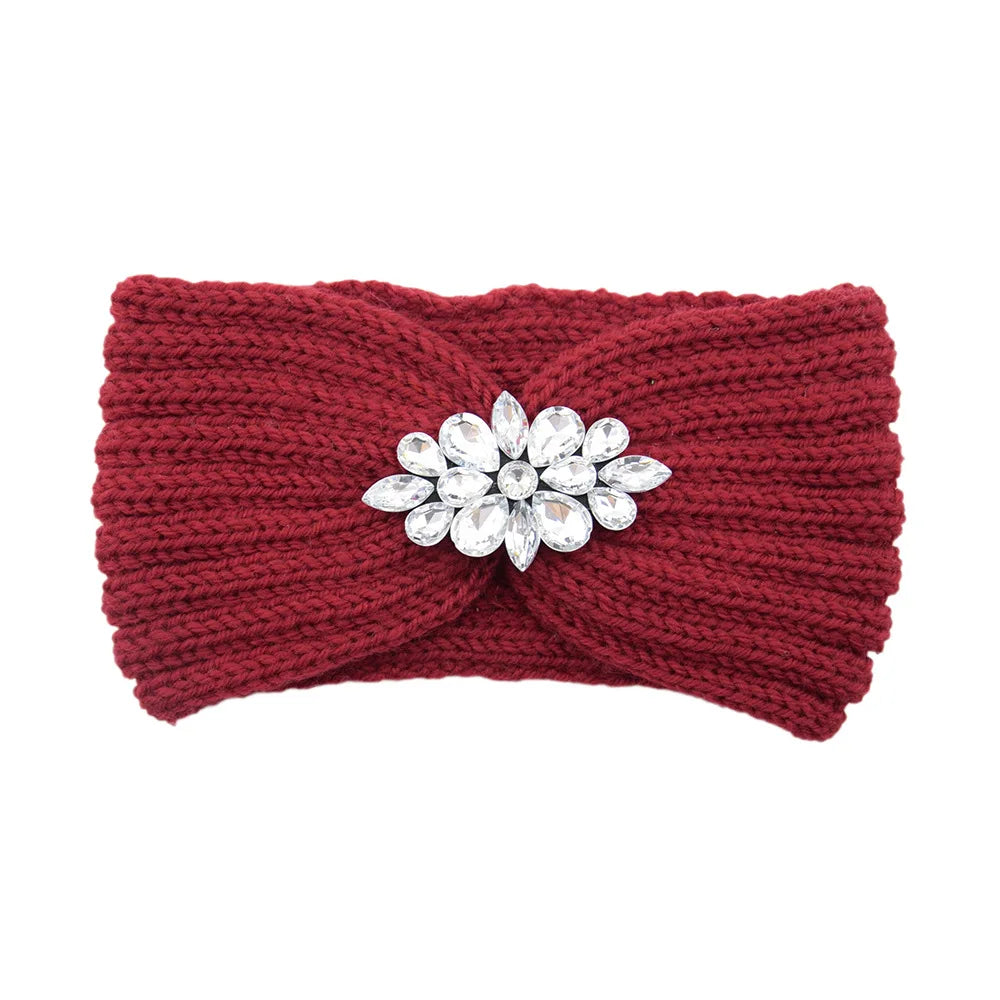 Elegant Women Rhinestone Knitted Hair Bands Ear Protection Headband Head Cover Face Washing Exercise Yoga Warm Wool Headwrap - NamafadStore