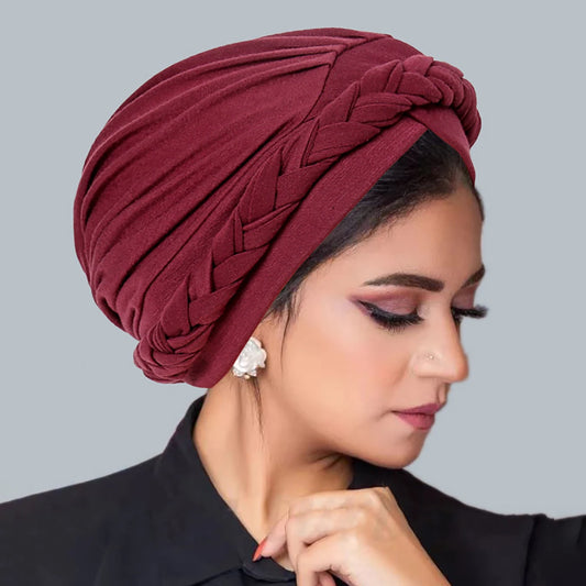 Solid Color Braid Muslim Hijab Caps Crossed Forehead Women Wrap Head Soft Elastic  Fashion Indian Turban Bonnet - NamafadStore