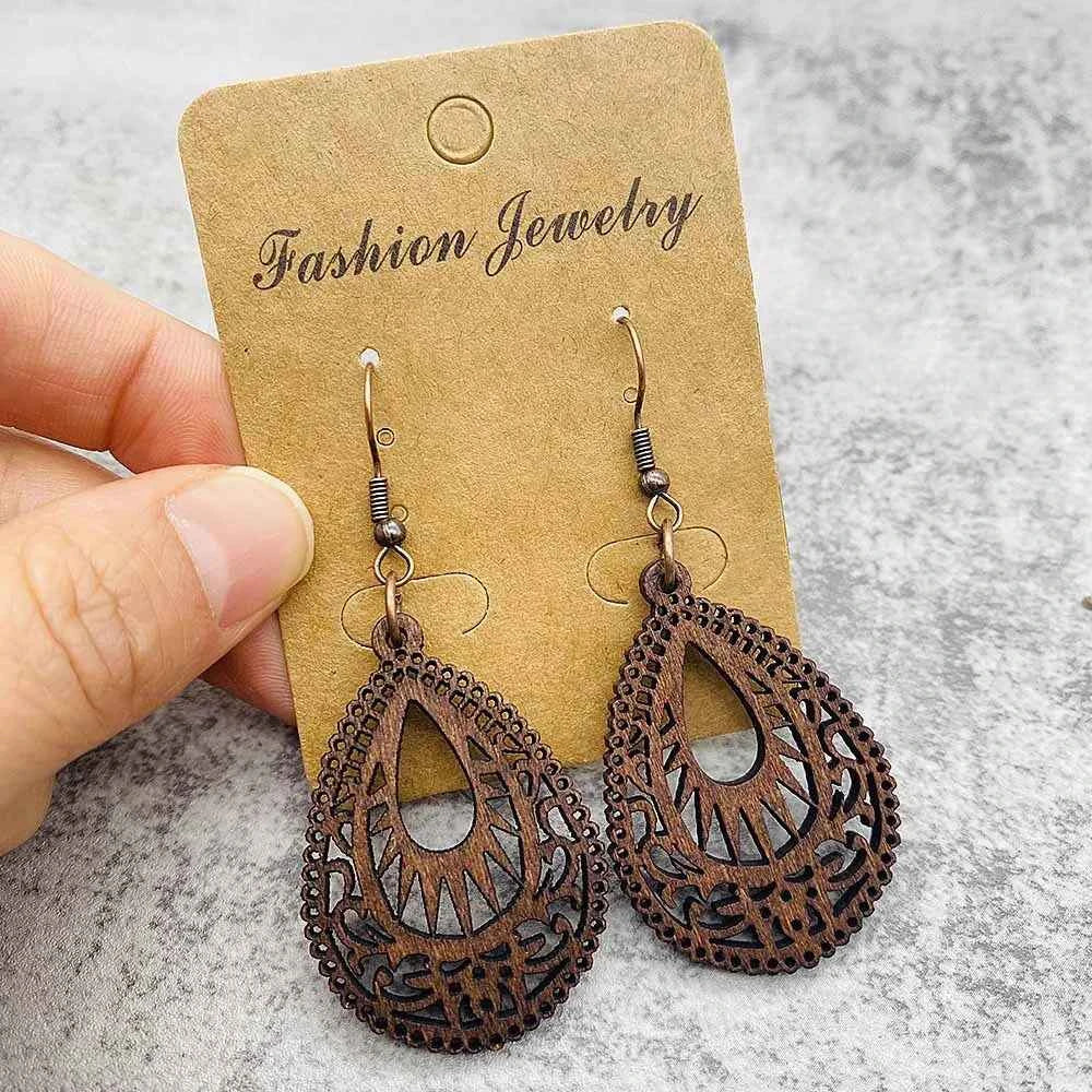 Vintage Hollowed Out Wooden Earrings Fashionable  Bohemian Style Creative Geometric Earrings Set for Women's Daily Wear