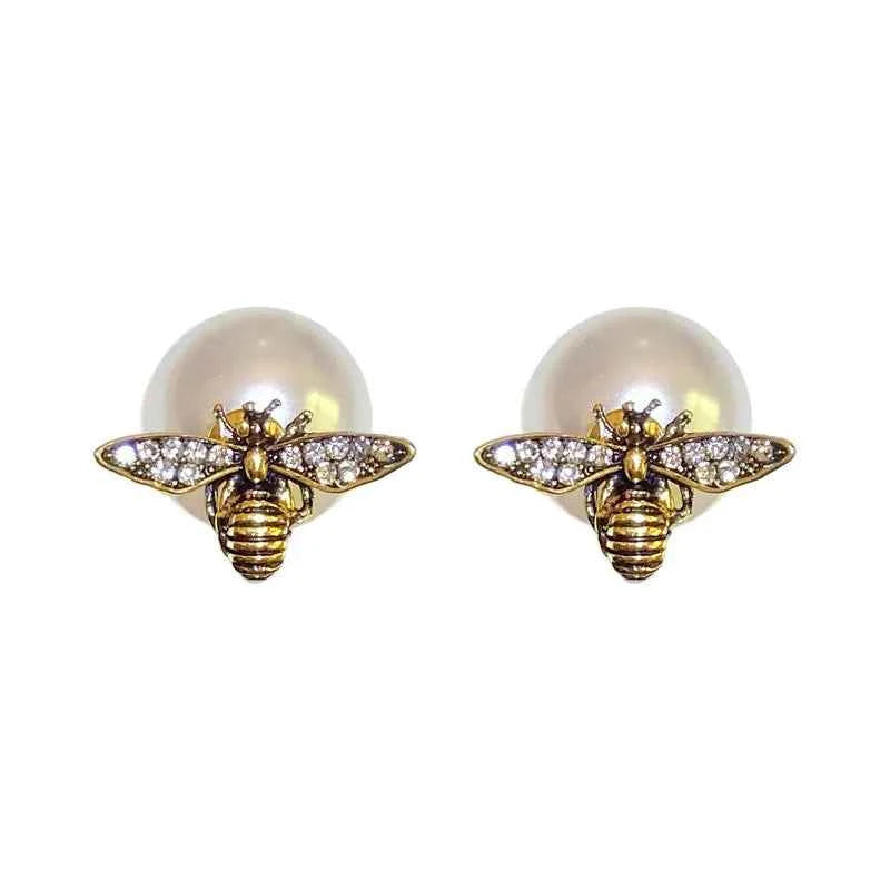 New Arrival Stud Earrings Fashion Animal Metal Women Trendy Bees Pearl Double-sided Two-wear Earrings Light Luxury Jewelry