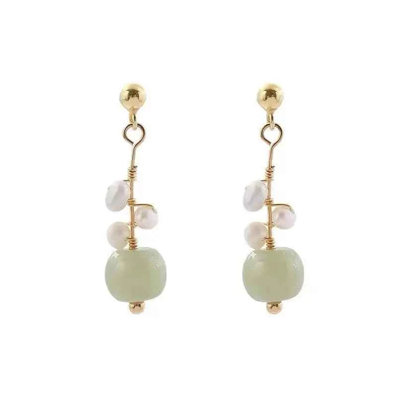 100% Natural Freshwater Pearl & Nephrite Jade Stone 14K Gold Filled Ladies Tassels Stud Earrings Not Allergic For Women Gifts