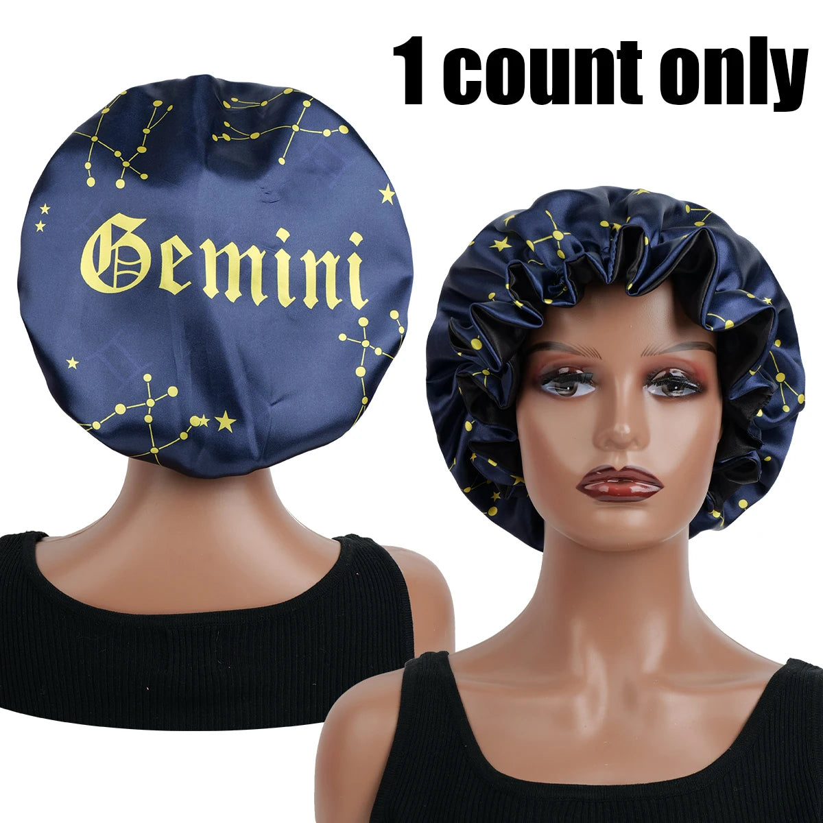 1PC Constellation Print Satin Sleep Bonnet with Wide Band Soft Wrap Comfortable Cap for Daily Use Makeup & Face Washing - NamafadStore