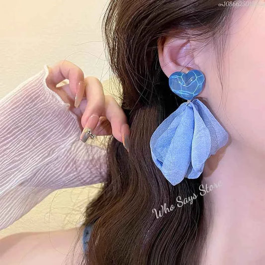 Vacation Style Flower Petal Earrings for Women New High-end Temperament Chiffon Earring Grand Super Fairy Sweet Earrings Серьги