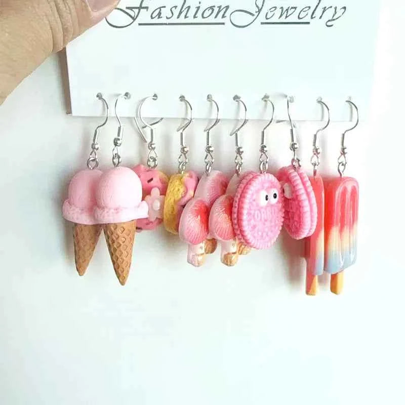 5 Pair Set Small Fresh Colored Resin Pendant Earrings Art Sweet and Cute Fruit Animal Milk Tea Earrings Female