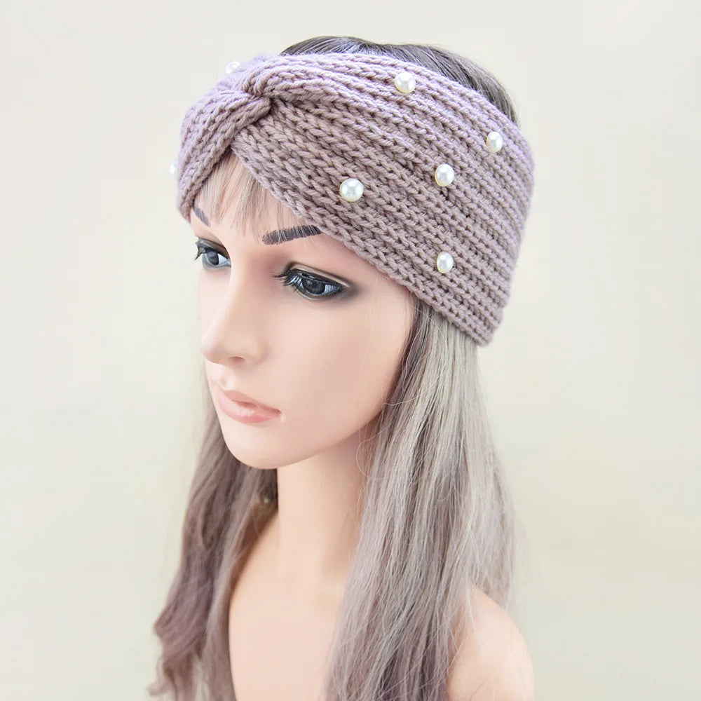 Fashion Pearls Knitted Headband Women Cross Knotted Hair Bands Autumn Winter Ear Warmer Protectors Wide Turban Hair Accessories - NamafadStore