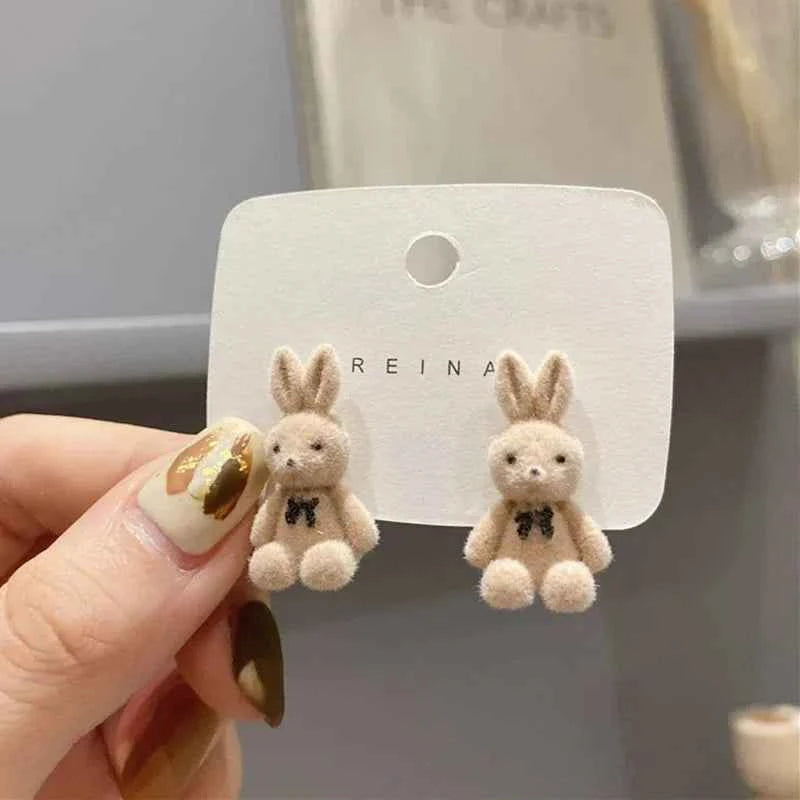 New Design Cute Flocking Plush Rabbit Stud Earrings for Women Korean Fashion Brown Animal Bear Earring Jewelry Party Girls Gift
