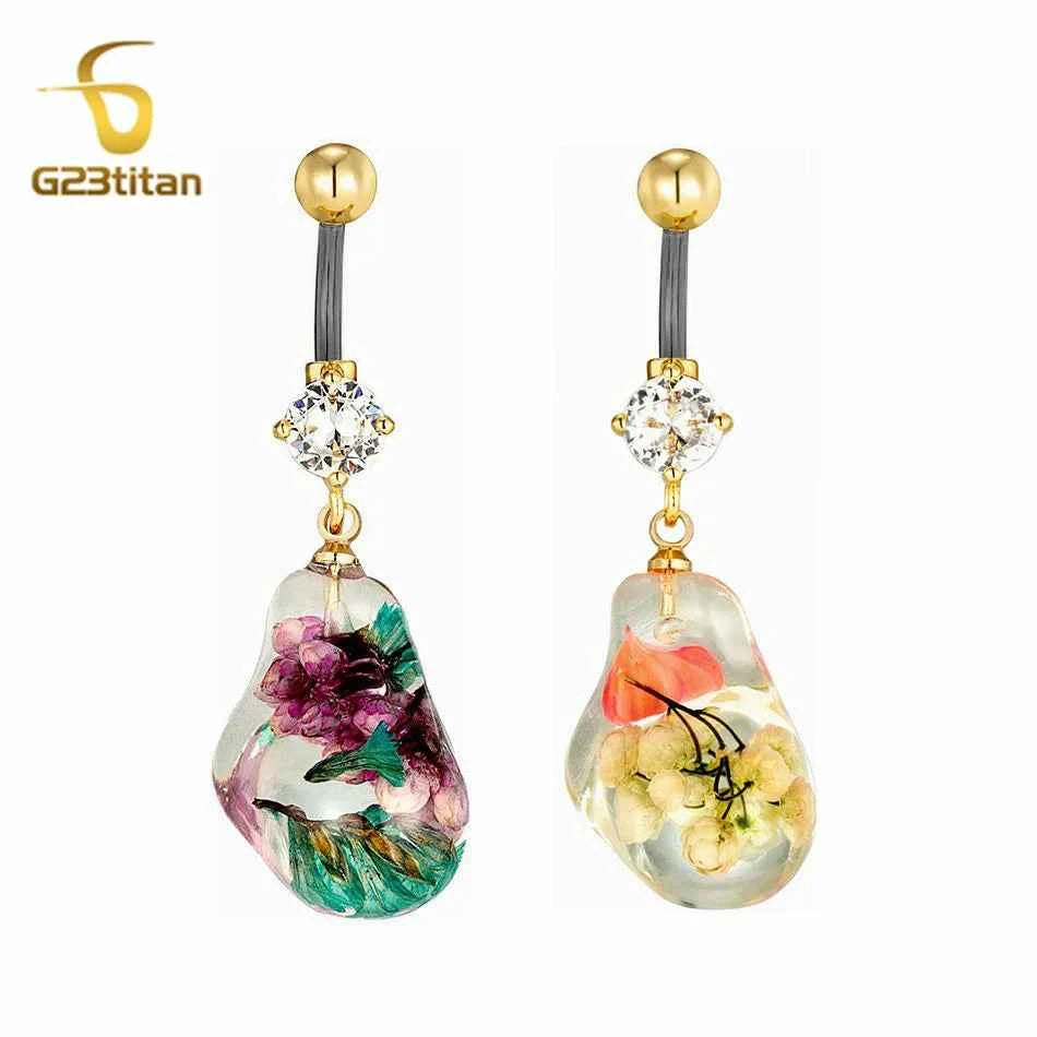 Transparent Resin Flower Charm Dangle Belly Button Ring 14G Allergy Free Titanium Bar Navel Piercing Women Summer Beach Jewelry