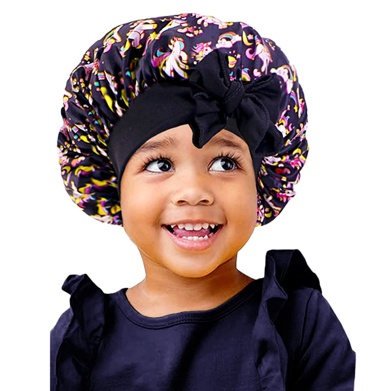 New Kids Unicorn Satin Bonnet Wide Elastic Band Ribbon Sleeping Cap Curly Natural Hair Child Night Caps Shower Cap Headscarf