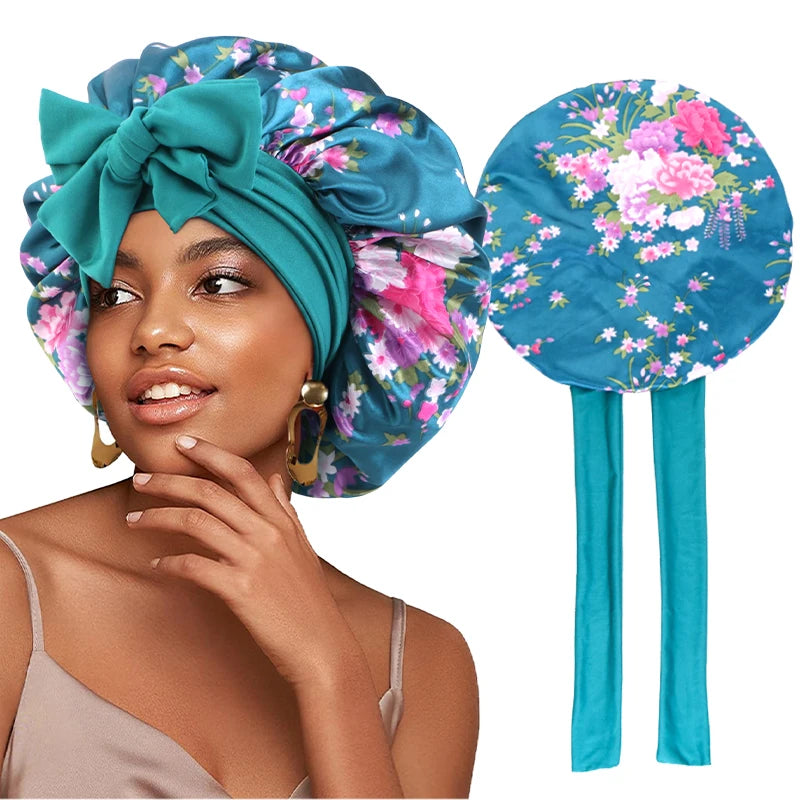 New Flower print Silky Bonnet For Sleeping Satin Hair Bonnet With Tie Band Hair Cover Night Shower Cap For Natural Curly Hair - NamafadStore