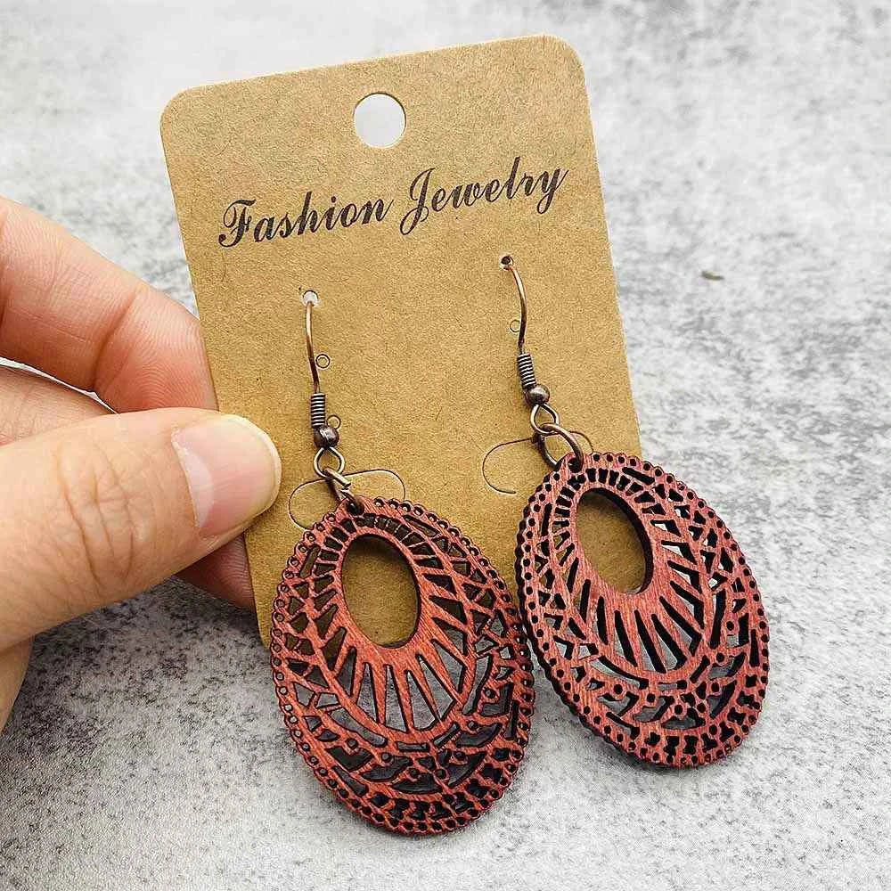 Vintage Hollowed Out Wooden Earrings Fashionable  Bohemian Style Creative Geometric Earrings Set for Women's Daily Wear