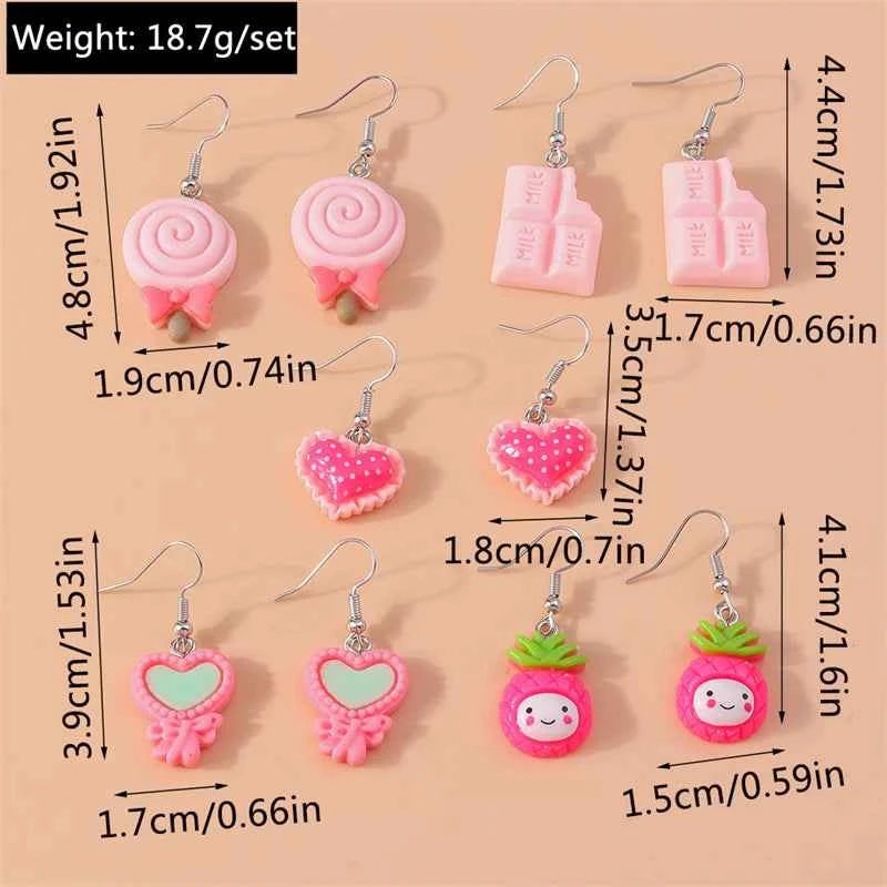 5Pairs/Set Fashion Flower Drop Earrings for Women Resin Heart Animal Dangle Hooks Earrings Girls Party Holiday Jewelry Gifts