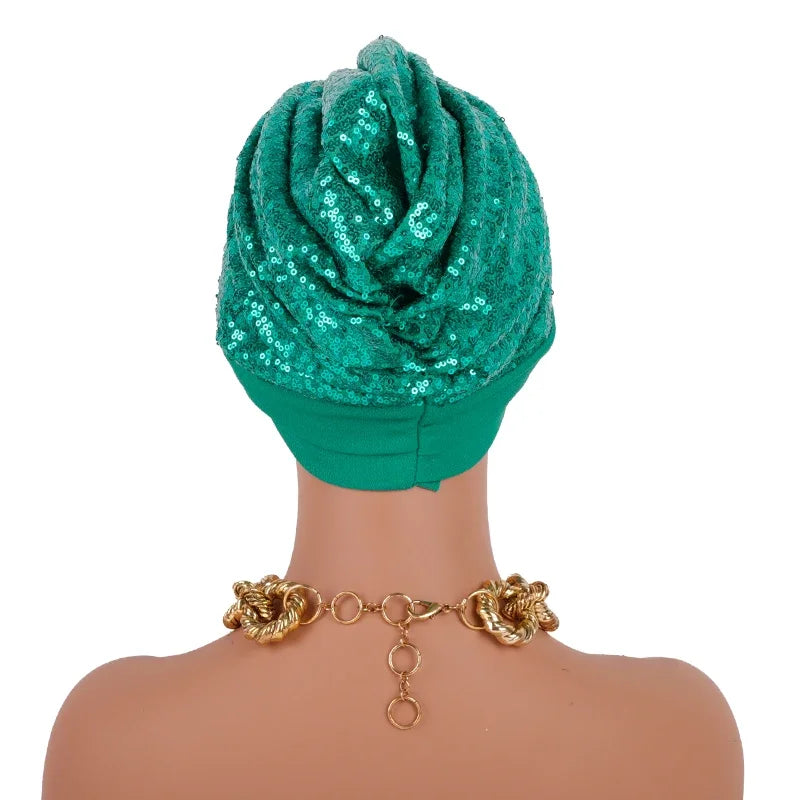 Muslim Headscarf Cap Lady Headwrap Hat Turbante Mujer Sequins Turban Cap for Women Cross Forehead Wrap Head Bonnet - NamafadStore