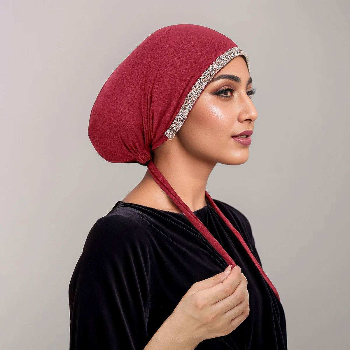 New Modal Rhinestone Band Muslim Turban Hat Inner Hijab Caps Islamic Underscarf Bonnet India Hats Female Headwrap Turbante Mujer - NamafadStore