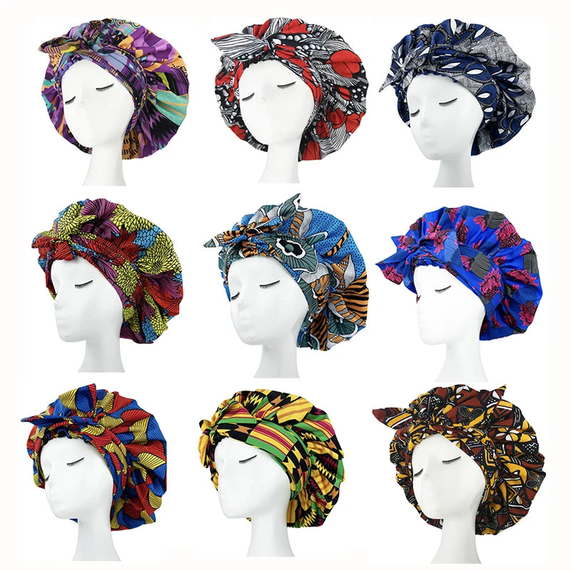 New African Ankara Pattern Satin Linned Bonnet Women Long Ribbon Headwrap Double Layer Headscarf Big Size Adult Hair Cover