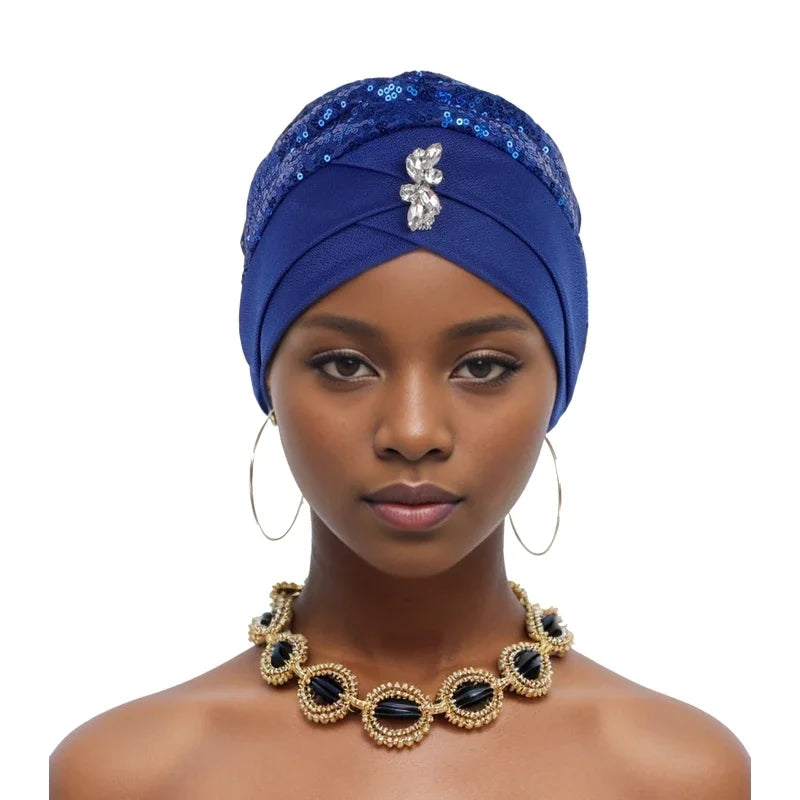 Muslim Headscarf Cap Lady Headwrap Hat Turbante Mujer Sequins Turban Cap for Women Cross Forehead Wrap Head Bonnet - NamafadStore