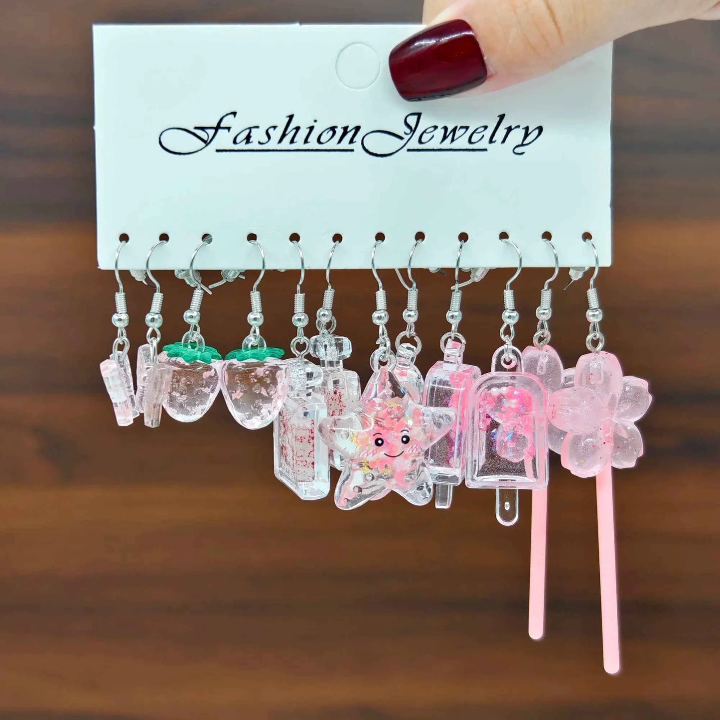 12pcs Strawberry Starfish Ice Bar Earrings, Resin Simulation Flower Candy Earrings Set