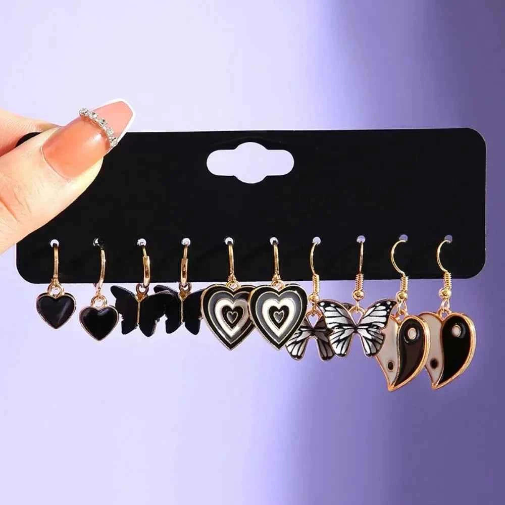 12Pcs Classic Fashion Butterfly Heart Drop Dangle Earrings for Women Charm Gold Color Enamel Pearl Hoop Earring Punk Jewelry Set