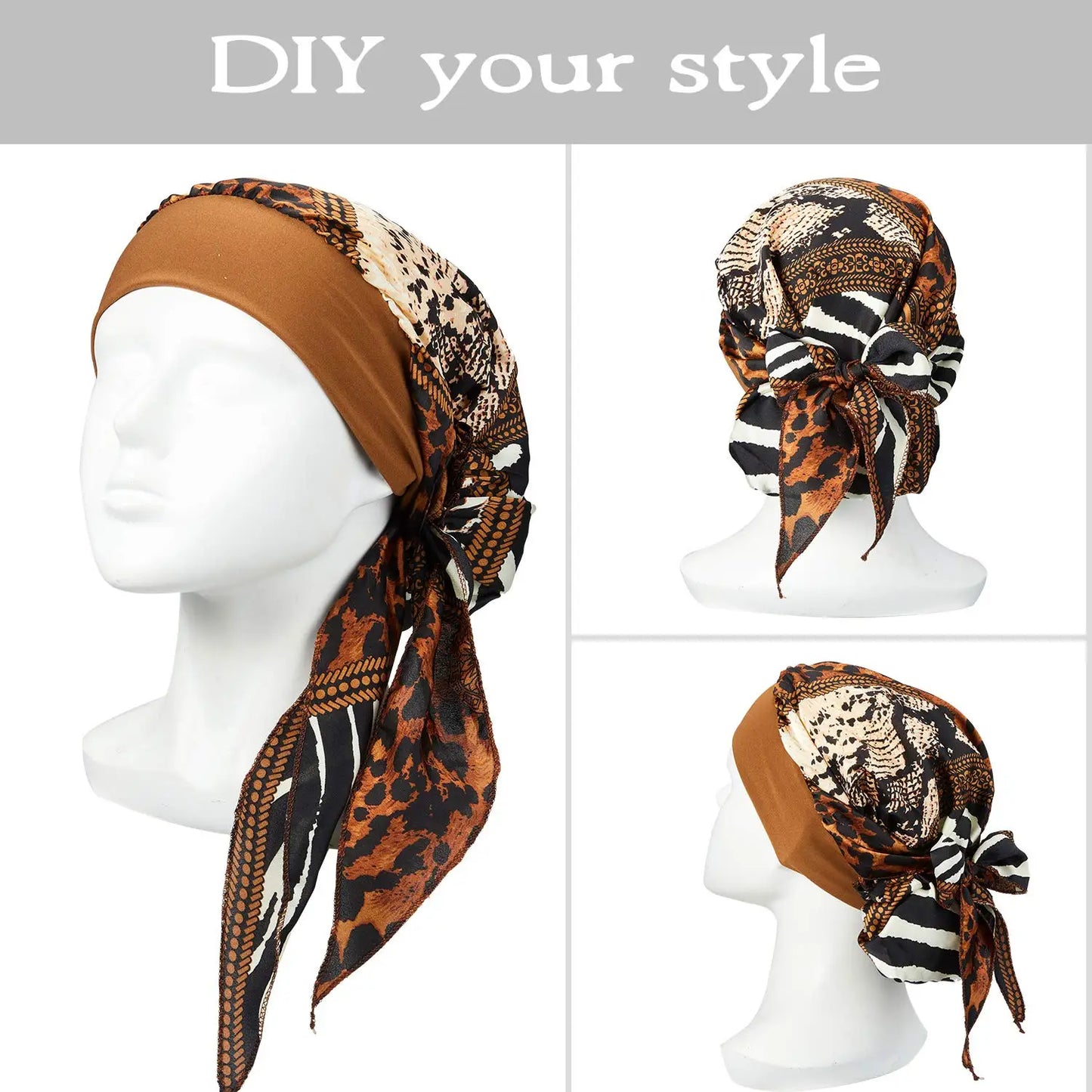 Muslim Women Headwear Turbans Silky Head Scarf With Wide Band Printed Sleeping Hat Hijab Bonnet Hair Cover Ready To Wear - NamafadStore