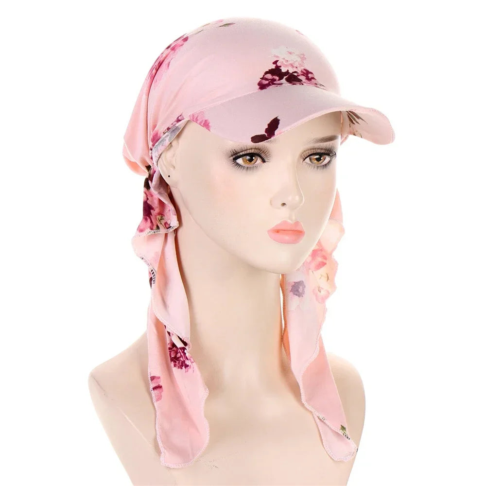 Fashion Muslim Floral Print Hijab Turban Hat for Women Visor Baseball Cap Sun Hats Headscarf Scarf Brim Femme Scarves Bandanas