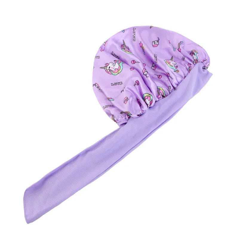New Kids Unicorn Satin Bonnet Wide Elastic Band Ribbon Sleeping Cap Curly Natural Hair Child Night Caps Shower Cap Headscarf