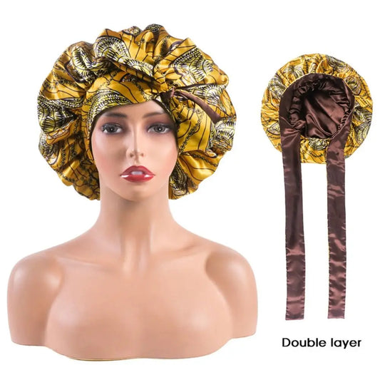 Double-layer Satin Sleep Cap Fashion Adjustable Stretchy Tie Band Silky Satin Bonnet Curly Hair Elastic Hair Cap Sleeping - NamafadStore