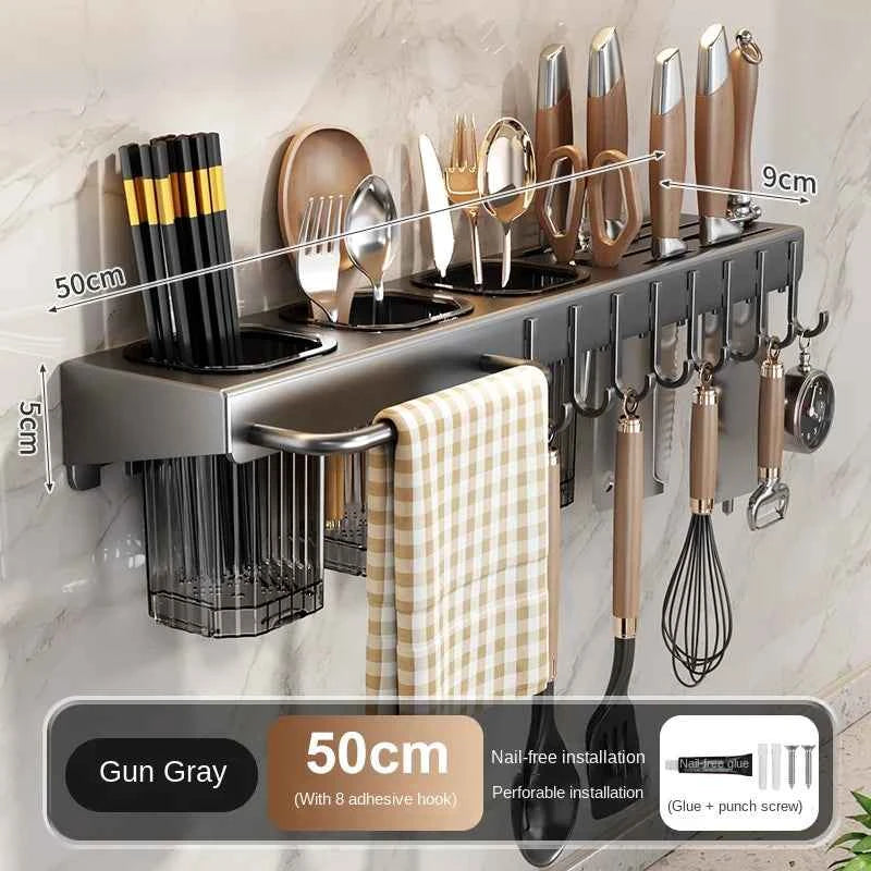 Wall-mounted knife rack for kitchen, multifunctional, no drilling required, knife and utensil holder, chopstick tube, integrated