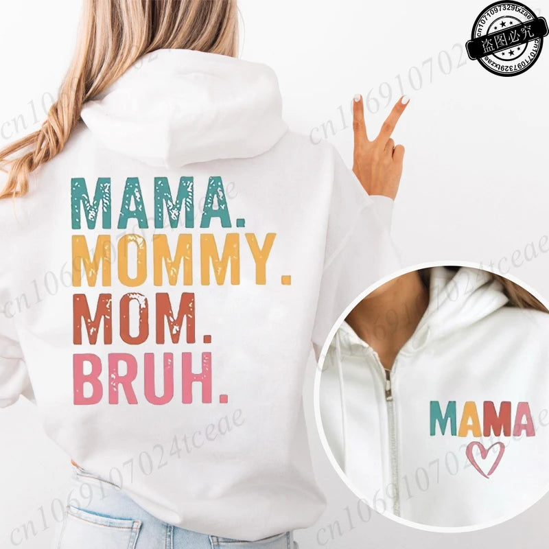 Women's Mama Graphic Fleece Hoodies Casual Long Sleeve Sweatshirts Mama Mommy Mom Bruh Print Zip Up Hooded Hoodies Tops Gifts