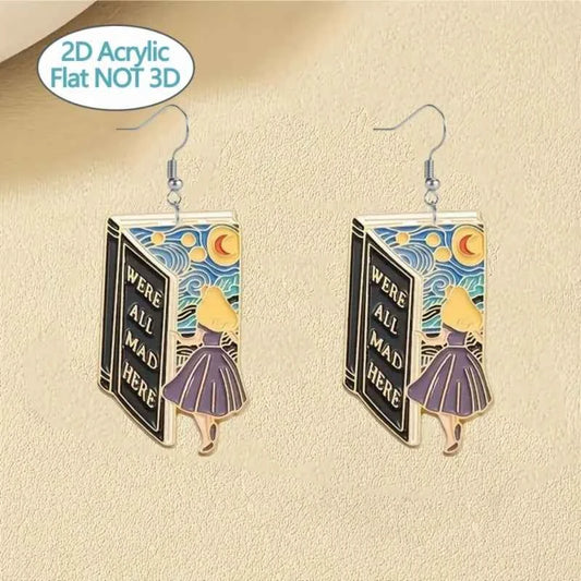 1 pair of art fairy tale book earrings 2D flat Alice image and classic statement casual party acrylic girl student earrings