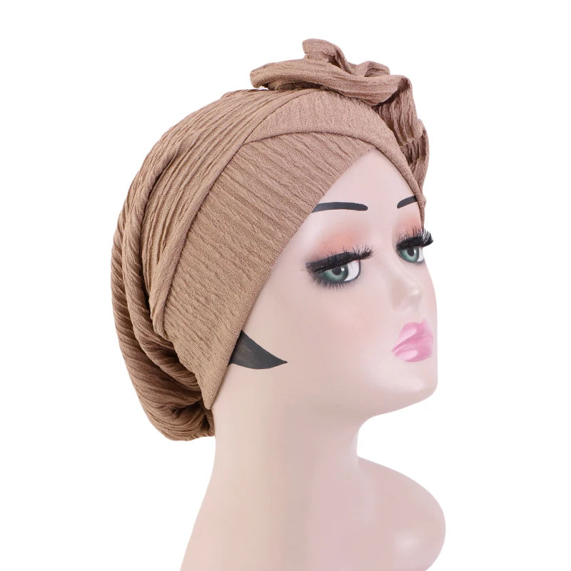 New Muslim Ruffle Flower Elegant Turban Hat for Women Bonnet Solid Hat Elastic Islam Beanies Hats Ramadan Chemo Cap - NamafadStore
