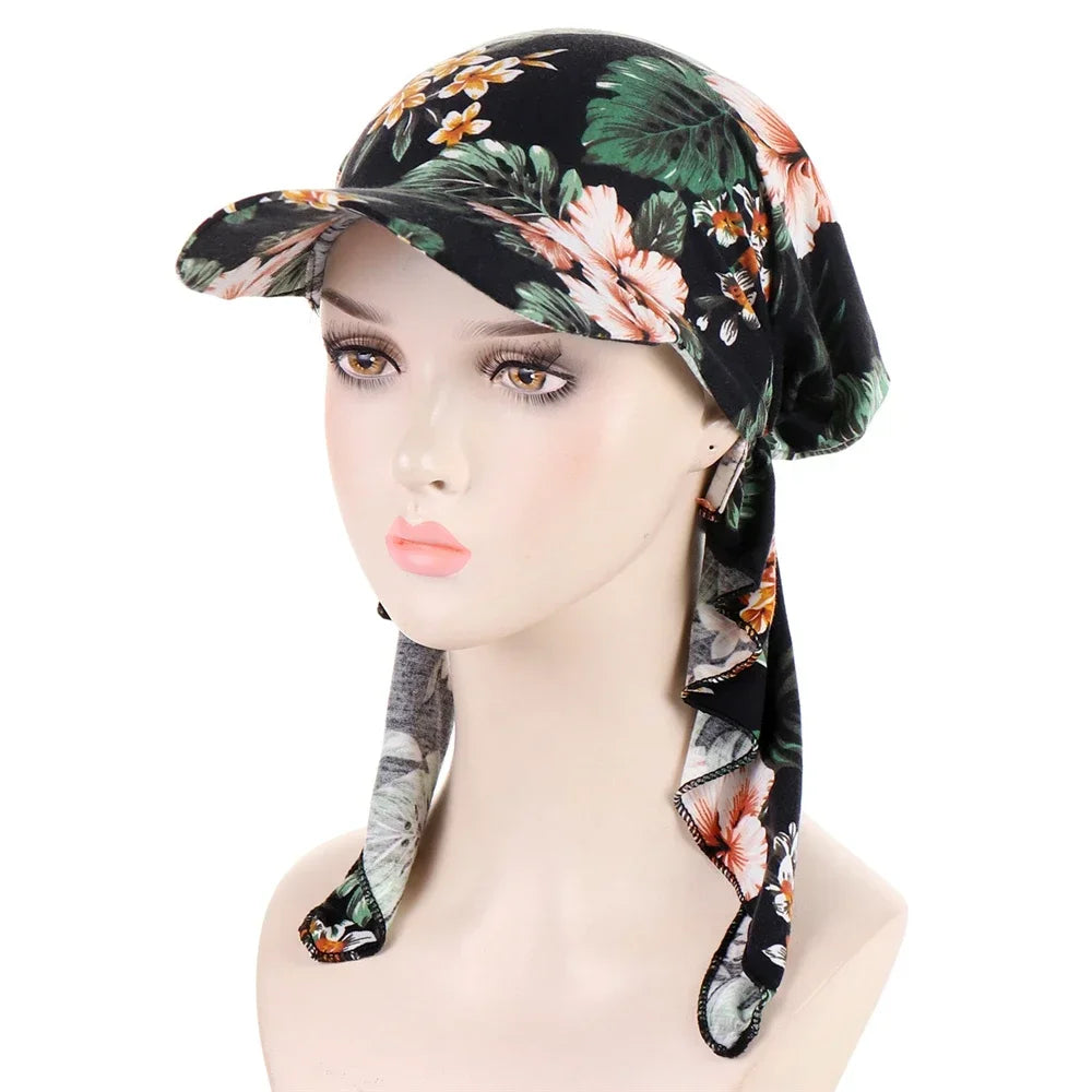 Fashion Muslim Floral Print Hijab Turban Hat for Women Visor Baseball Cap Sun Hats Headscarf Scarf Brim Femme Scarves Bandanas