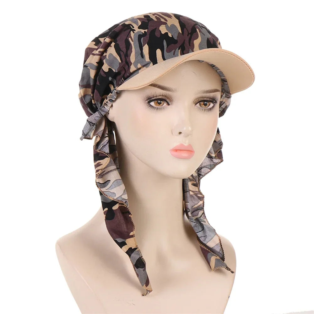 Fashion Muslim Floral Print Hijab Turban Hat for Women Visor Baseball Cap Sun Hats Headscarf Scarf Brim Femme Scarves Bandanas - NamafadStore