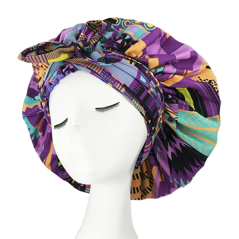 New African Ankara Pattern Satin Linned Bonnet Women Long Ribbon Headwrap Double Layer Headscarf Big Size Adult Hair Cover