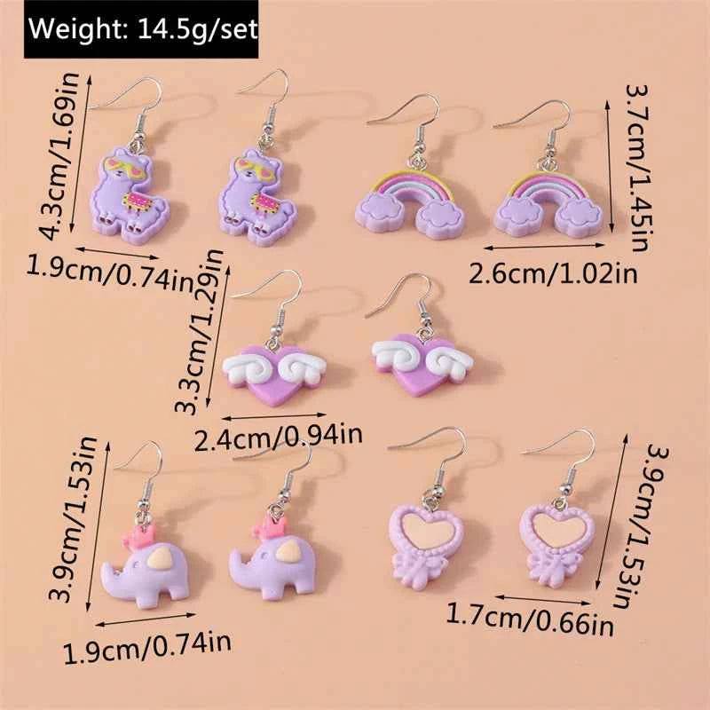 5Pairs/Set Fashion Flower Drop Earrings for Women Resin Heart Animal Dangle Hooks Earrings Girls Party Holiday Jewelry Gifts