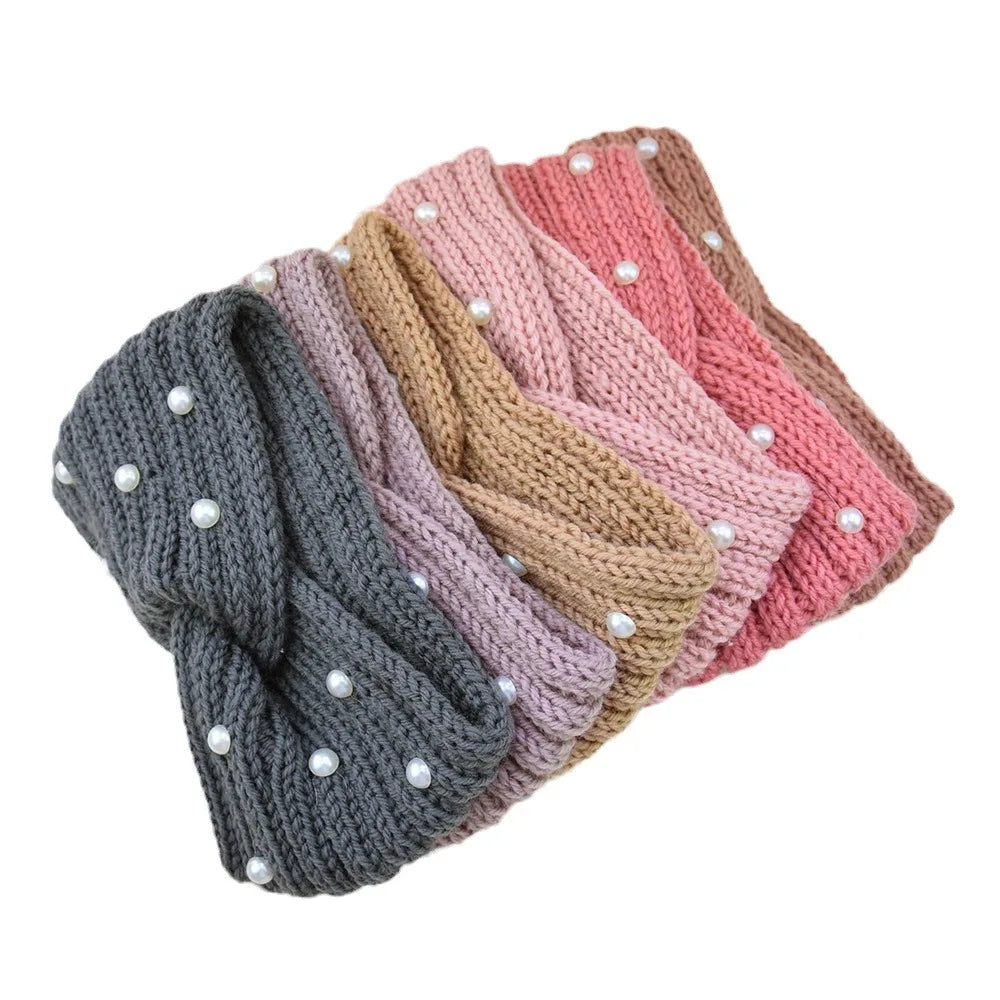 Fashion Pearls Knitted Headband Women Cross Knotted Hair Bands Autumn Winter Ear Warmer Protectors Wide Turban Hair Accessories - NamafadStore