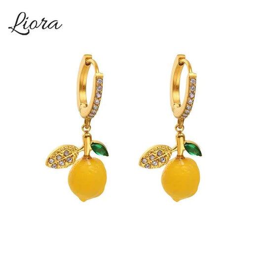 Liora eye-catching Fruit Lemon Drop Earrings for Women Stainless Steel Zircon Hypoallergenic Stud Earrings Jewelry Wedding Gifts