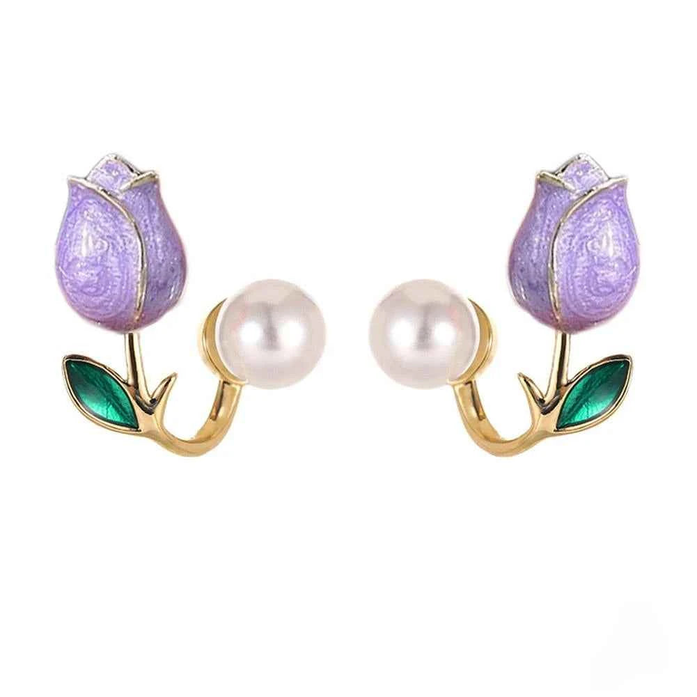 French Light Luxury Pink Tulip Flower Pearl Stud Earrings For Women Korean Zircon Exquisite Earring Party Christmas Jewelry Gift