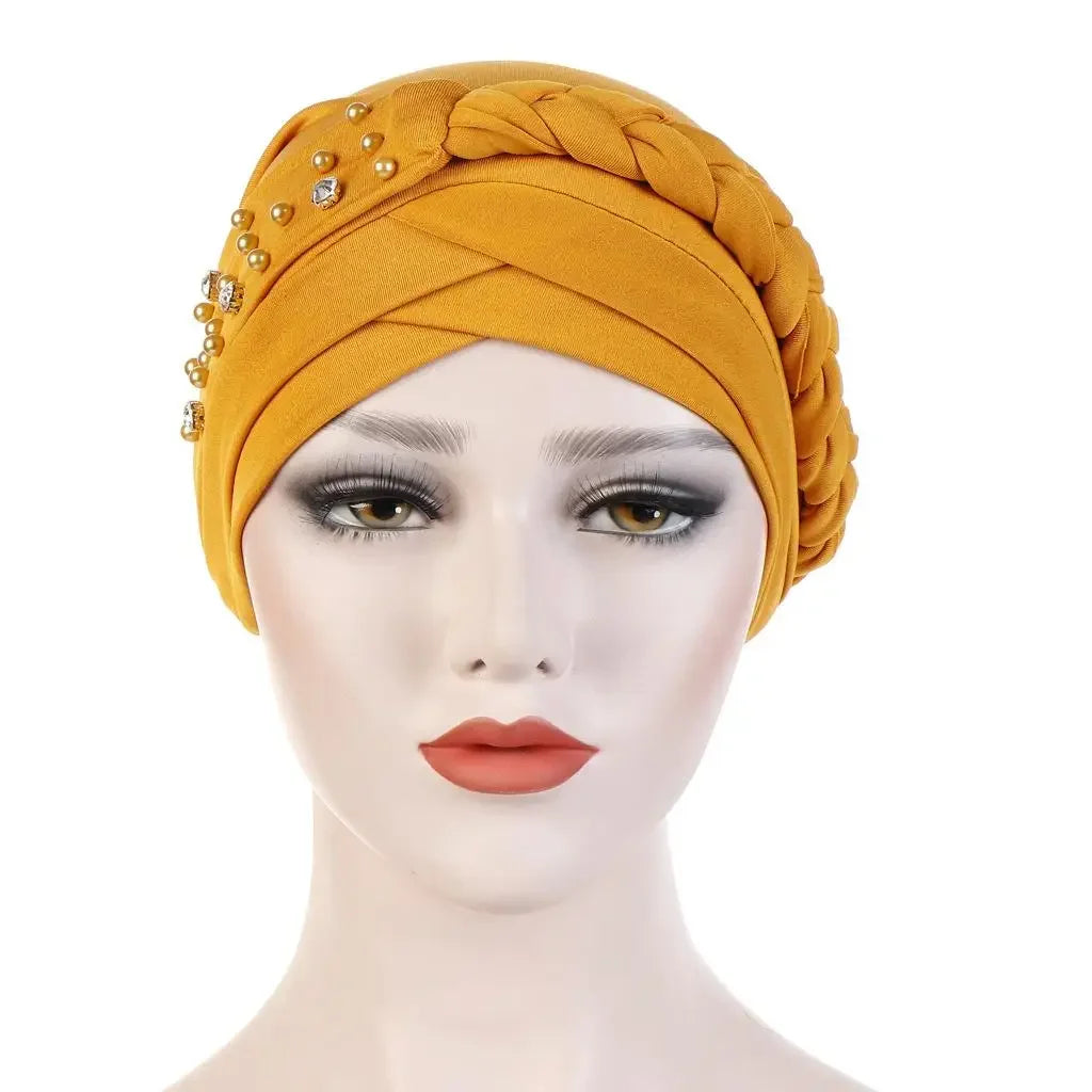 Women Lady Beads Muslim Braid Head Turban Wrap Cover Cancer Chemo Islamic Arab Cap Hat Hair Loss Bonnet Beanies Fashion - NamafadStore