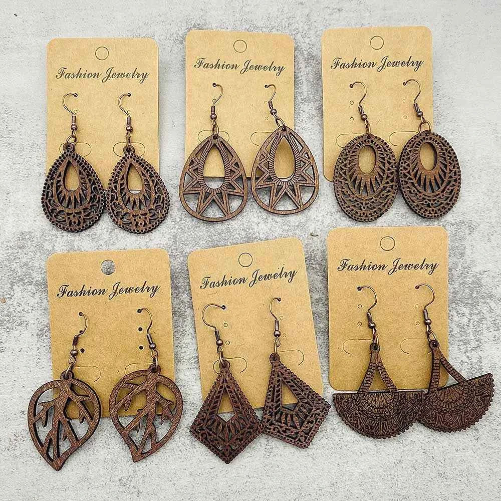 Vintage Hollowed Out Wooden Earrings Fashionable  Bohemian Style Creative Geometric Earrings Set for Women's Daily Wear