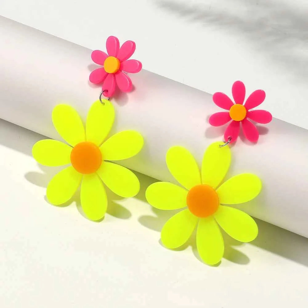 Boho Colorful Acrylic Sunflower Long Earrings for Women Korean Trendy Big Daisy Flower Drop Earring Cute Jewelry Birthday Gifts