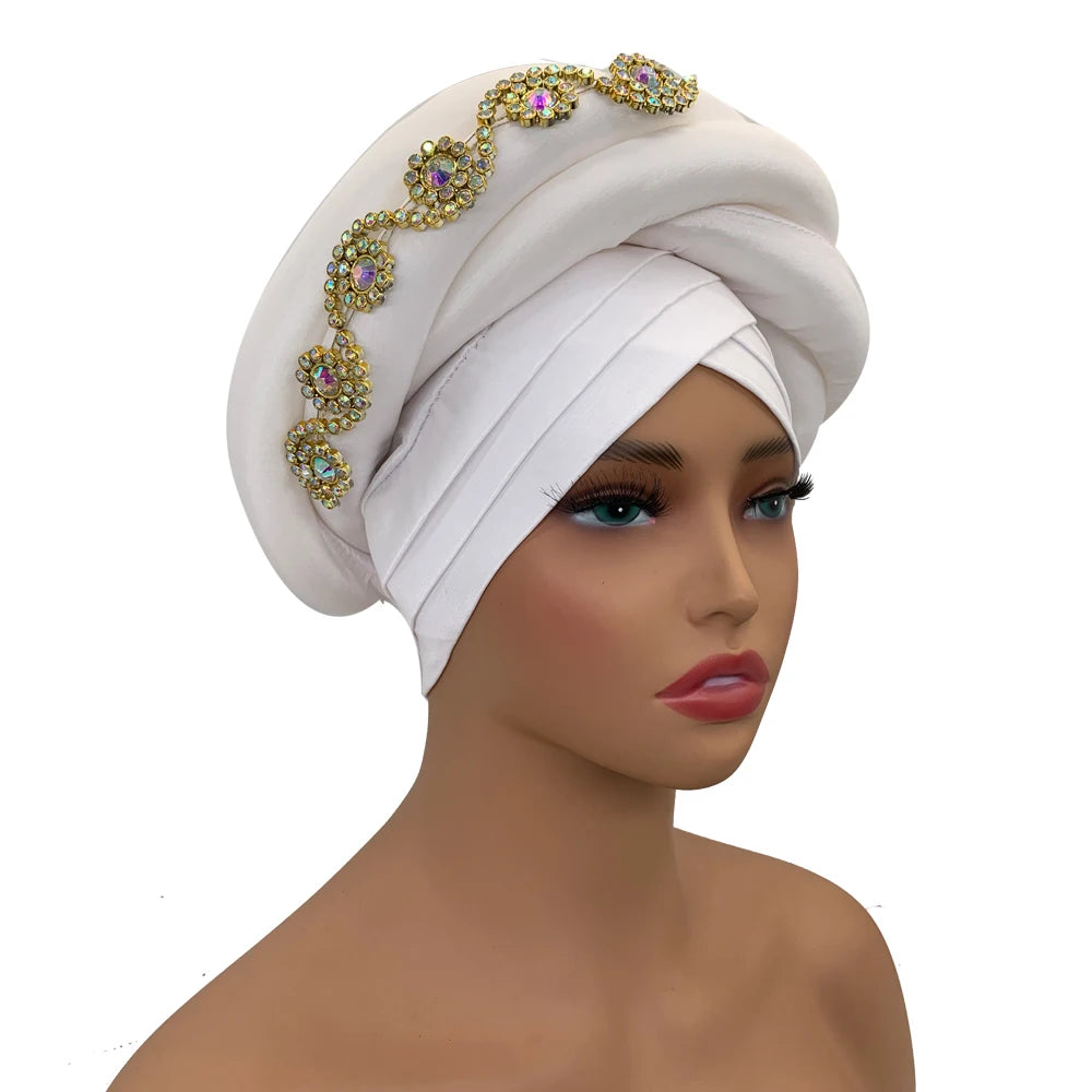 Twisted Braid Turban Cap for Women African Lady Head Wraps Diamonds Nigeria Raw Silk Autogele Headtie Muslim Hat Party Headwear - NamafadStore