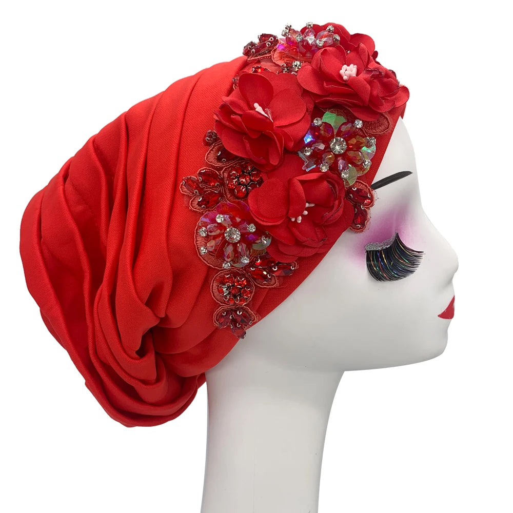 Elegant Flower Diamonds Women's Turban Cap African Party Headwear Hat Lady Head Wraps Muslim Headscarf Hats Turbante Mujer - NamafadStore