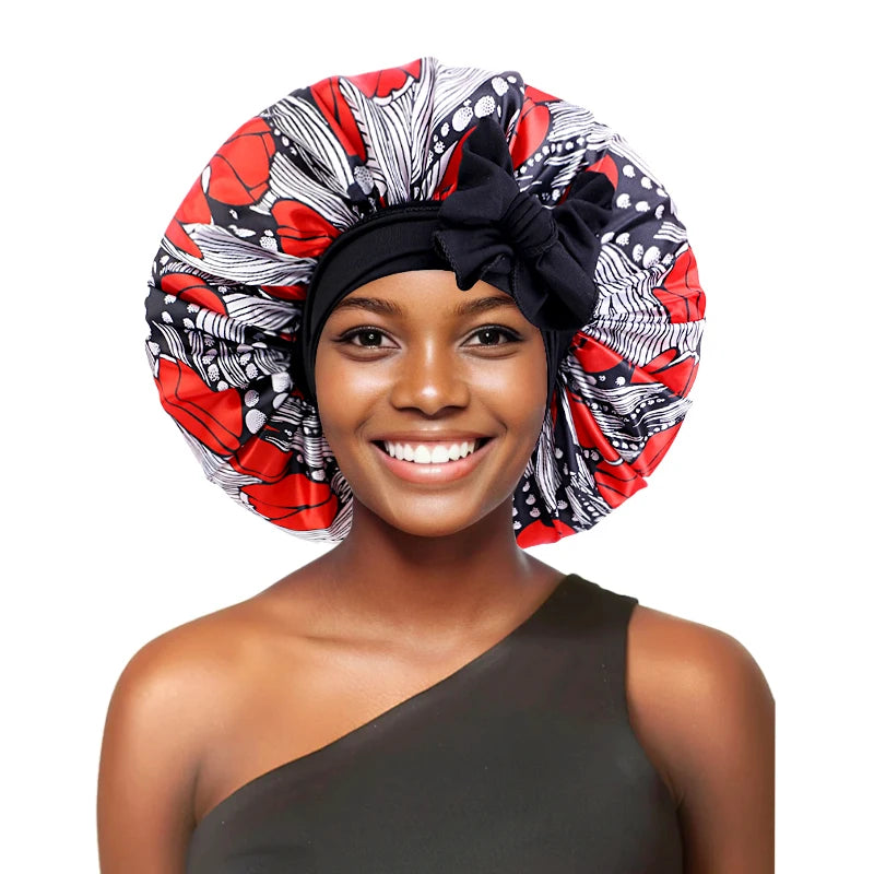 African Large Women Bonnet Satin Ribbon Sleep Cap Elastic Band Women Head Wrap Ladies Night Sleeping Cap Turban Chemo Hat - NamafadStore