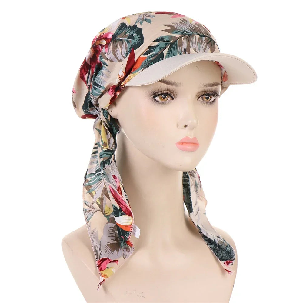Fashion Muslim Floral Print Hijab Turban Hat for Women Visor Baseball Cap Sun Hats Headscarf Scarf Brim Femme Scarves Bandanas