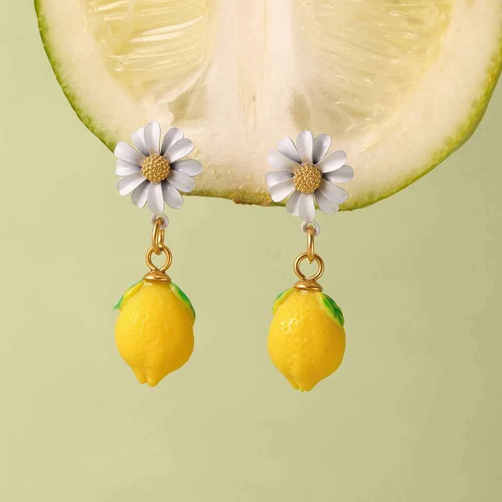 Liora eye-catching Fruit Lemon Drop Earrings for Women Stainless Steel Zircon Hypoallergenic Stud Earrings Jewelry Wedding Gifts