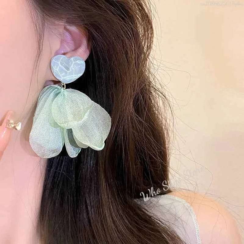Vacation Style Flower Petal Earrings for Women New High-end Temperament Chiffon Earring Grand Super Fairy Sweet Earrings Серьги