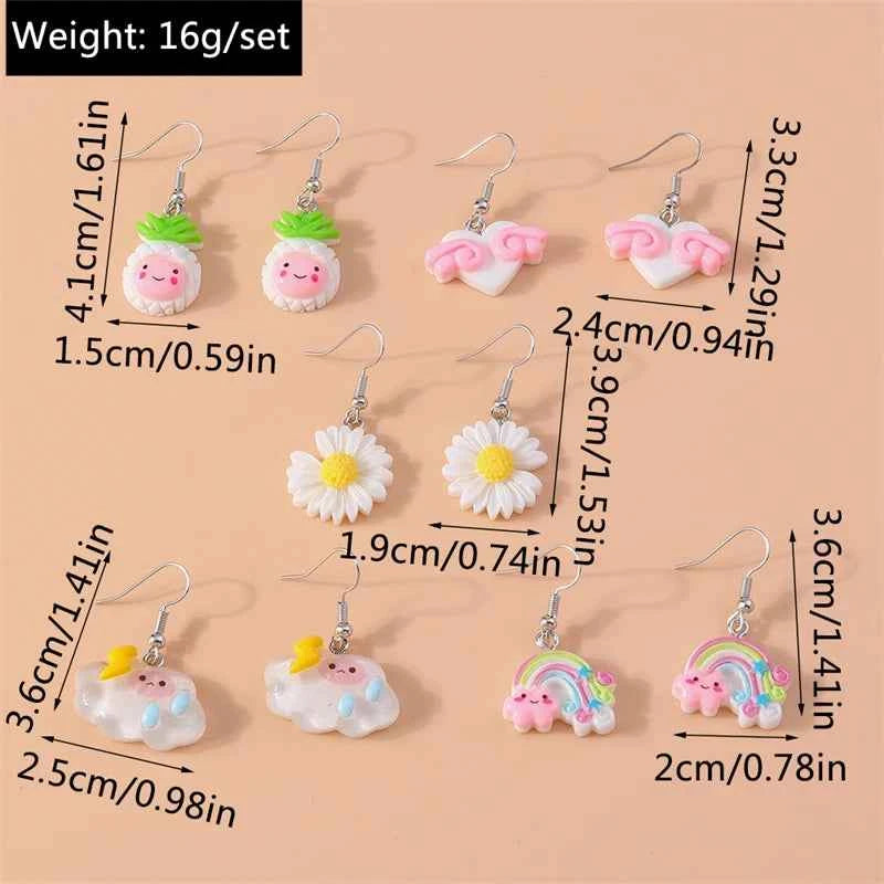 5Pairs/Set Fashion Flower Drop Earrings for Women Resin Heart Animal Dangle Hooks Earrings Girls Party Holiday Jewelry Gifts