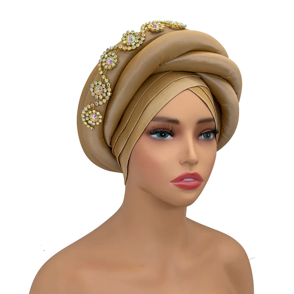 Twisted Braid Turban Cap for Women African Lady Head Wraps Diamonds Nigeria Raw Silk Autogele Headtie Muslim Hat Party Headwear - NamafadStore