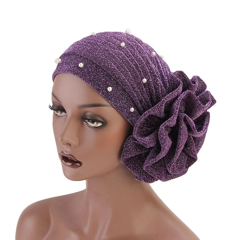 Summer Beading Flower Women's Turban Caps Stretchy Female Headwrap Bonnet Cancer Headwear Muslim Turban Hijabs Islamic Headscarf - NamafadStore