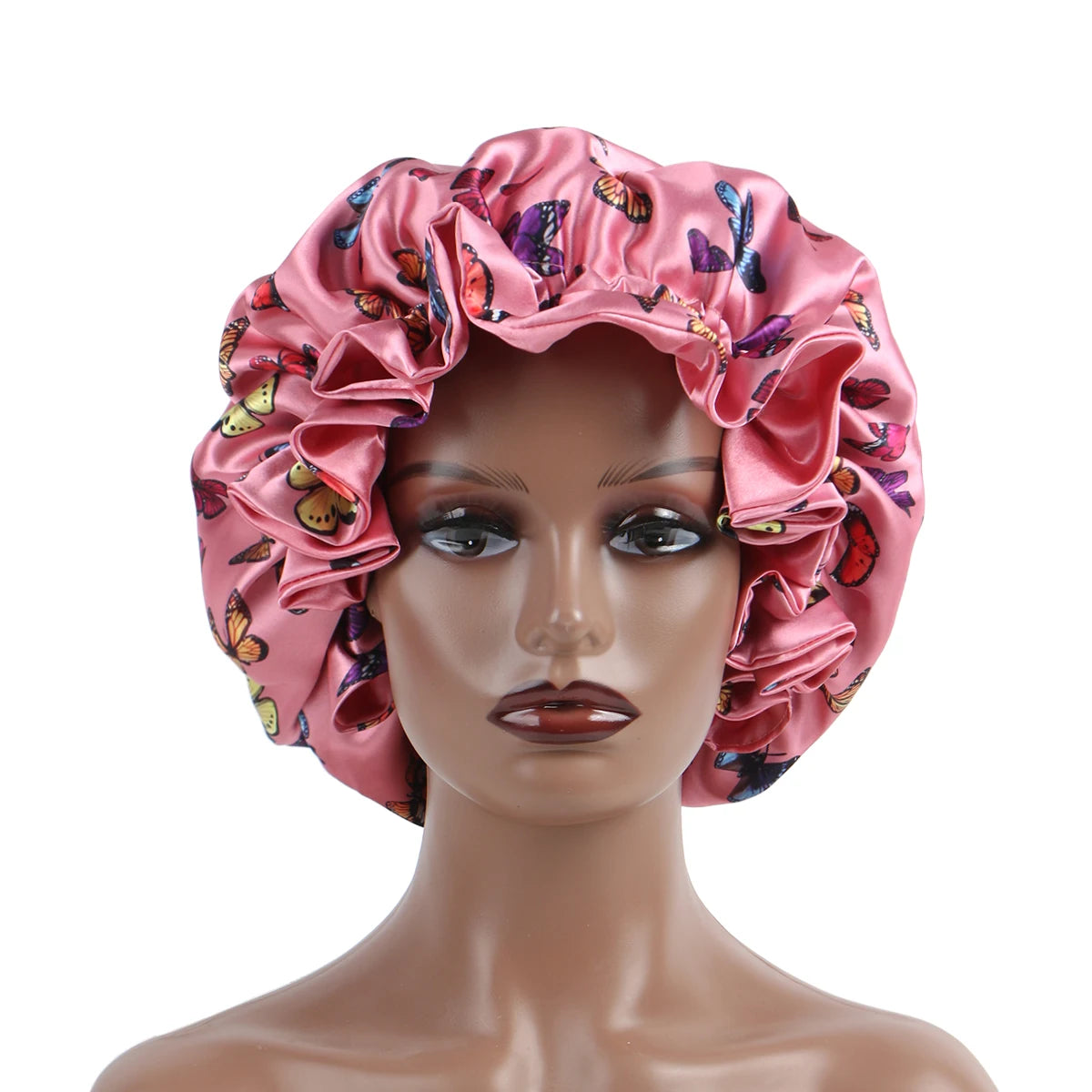 Pink Butterfly Double Layer Adjustable Satin Bonnet Cap Hair Protect Virgin Sleep Bonnet for Women And Girls - NamafadStore