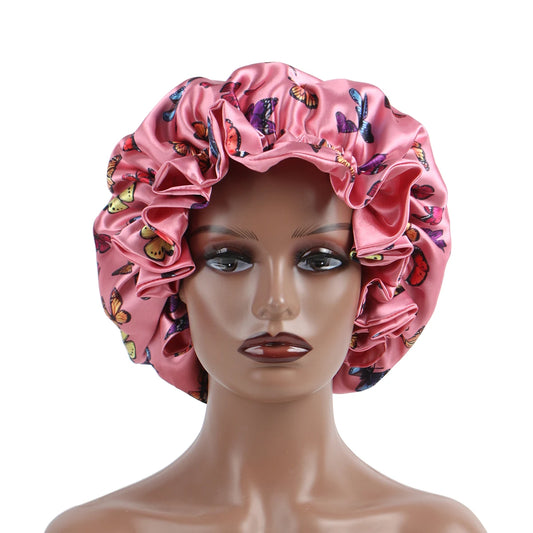 Pink Butterfly Double Layer Adjustable Satin Bonnet Cap Hair Protect Virgin Sleep Bonnet for Women And Girls - NamafadStore